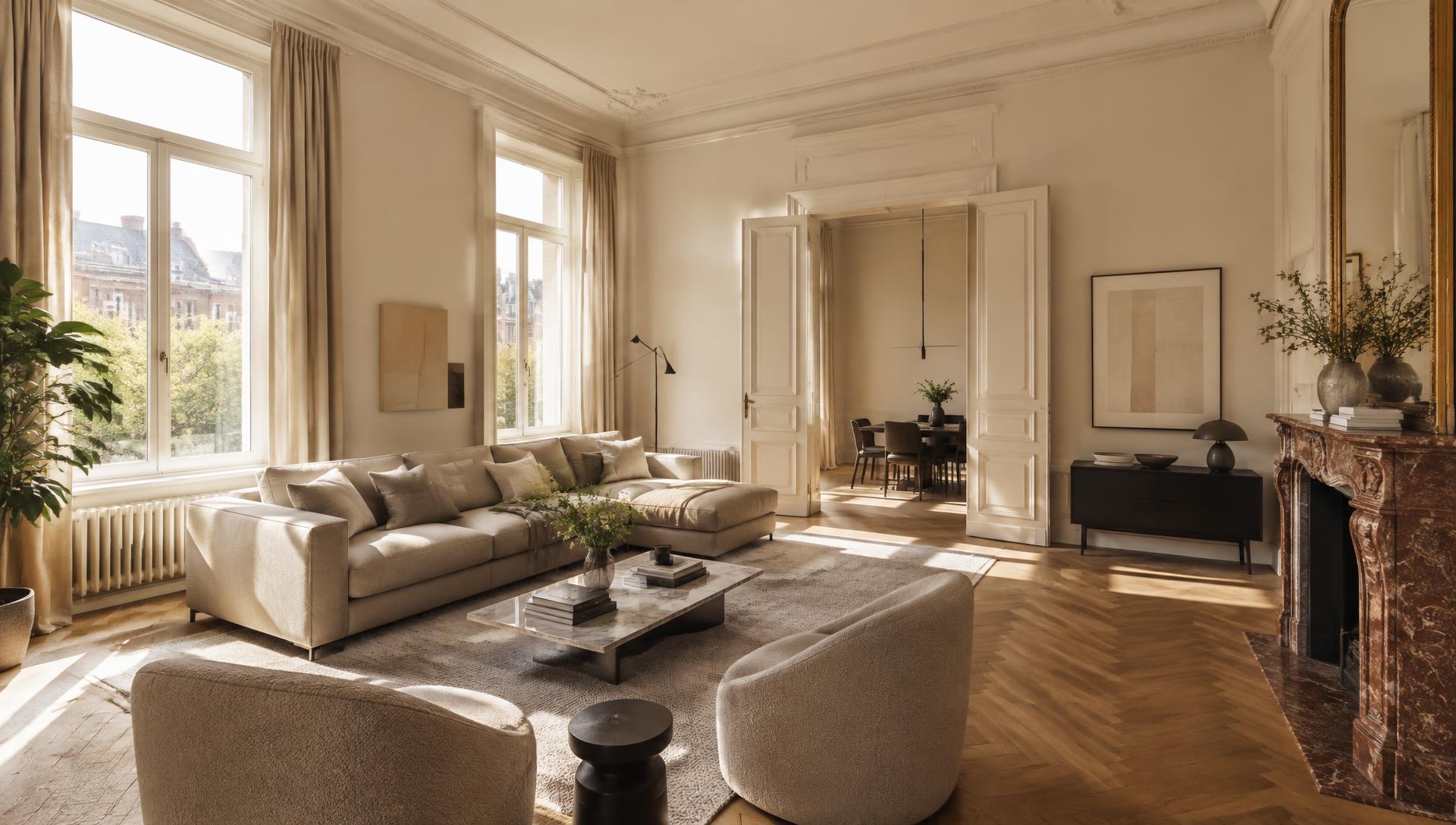 Lichte, stijlvolle leefruimte in een Belgisch appartement (sfeerbeeld)